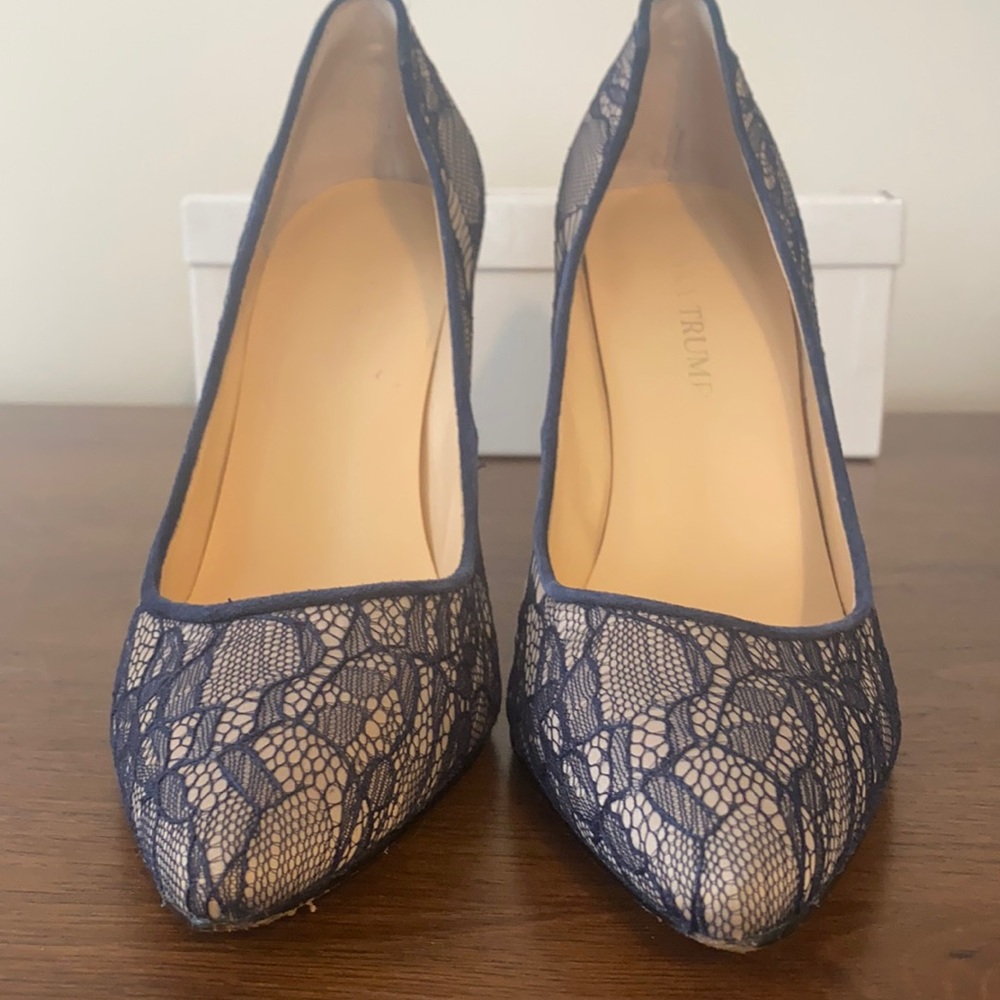 Navy Lace Pump with Suede Heel